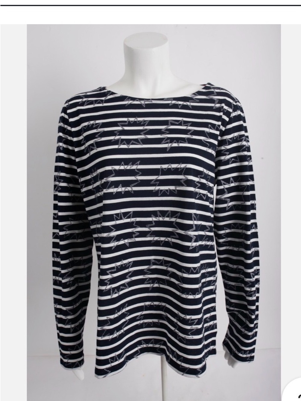 Striped Navy and White Long-Sleeve Tee with Burst Motif